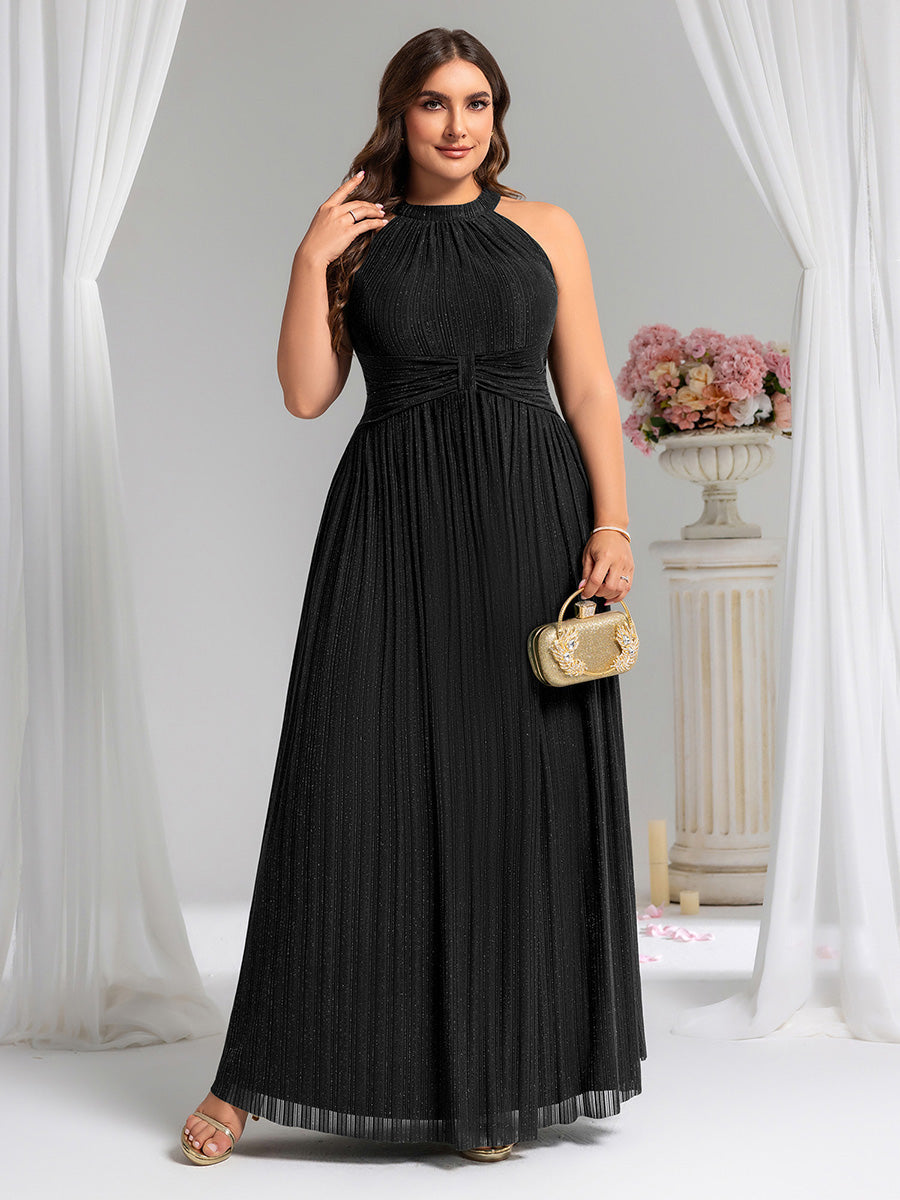 Plus Size Glittery Halter Neck Pleated Formal Evening Dress