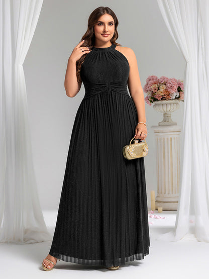 Plus Size Glittery Halter Neck Pleated Formal Evening Dress