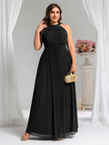 Plus Size Glittery Halter Neck Pleated Formal Evening Dress