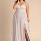 Plus Size A-Line Bridesmaid Dress with Floral Burnout Fabric Ruched Bodice and Slit Detail