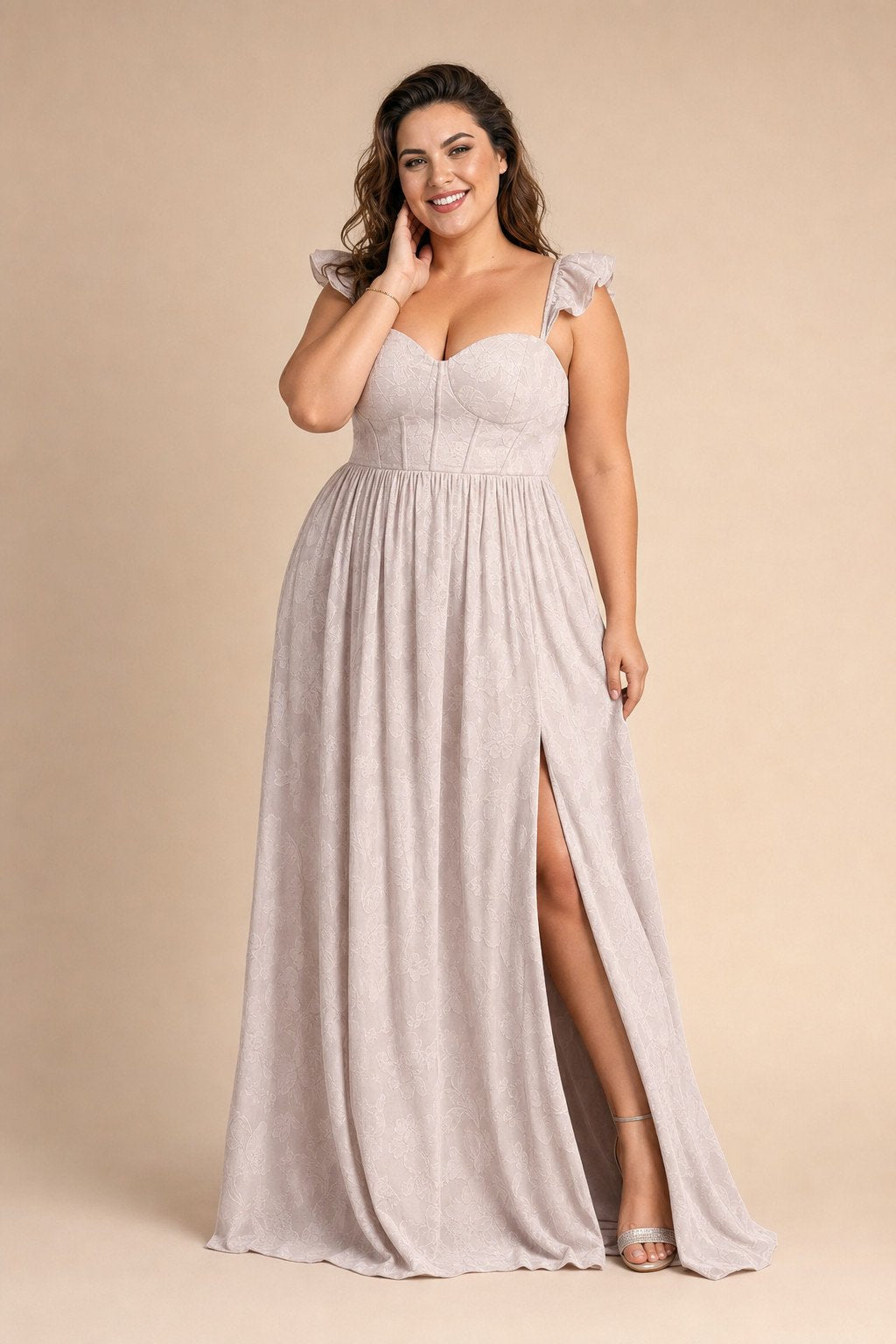 Plus Size A-Line Bridesmaid Dress with Floral Burnout Fabric Ruched Bodice and Slit Detail