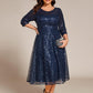Plus Size 3/4 Sleeve Midi Round Neck A-Line Sequin Wedding Guest Dress