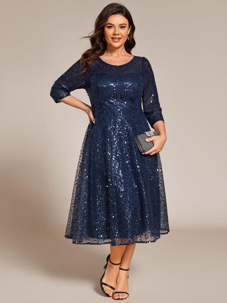 Plus Size 3/4 Sleeve Midi Round Neck A-Line Sequin Wedding Guest Dress