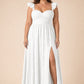 Plus Size A-Line Bridesmaid Dress with Floral Burnout Fabric Ruched Bodice and Slit Detail