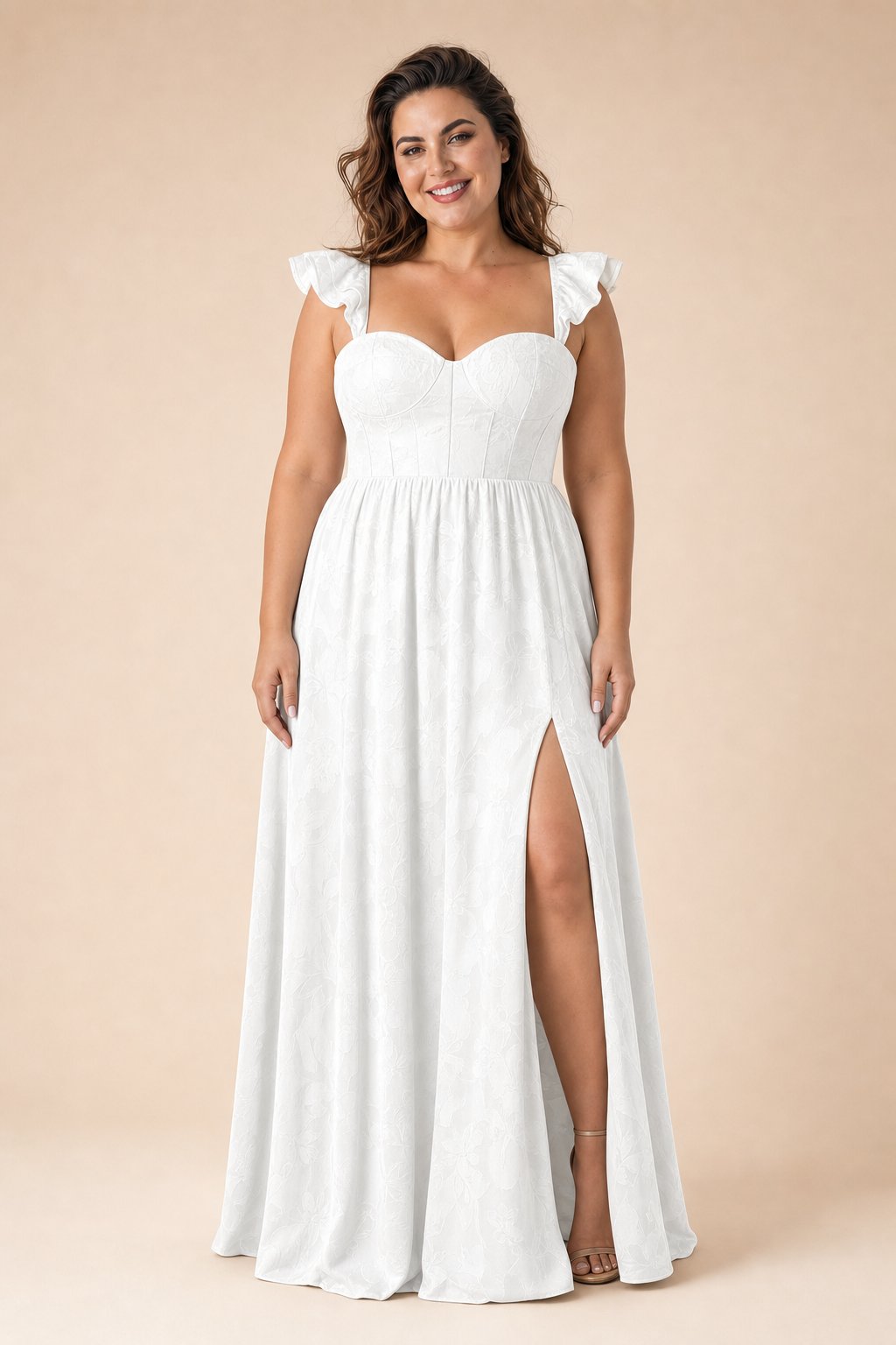 Plus Size A-Line Bridesmaid Dress with Floral Burnout Fabric Ruched Bodice and Slit Detail