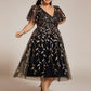 Plus Size Sparkly A-Line Midi Tulle Formal Wedding Guest Dress with Leaf Sequin