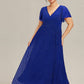 Plus Size V-Neck Glittery Short Sleeves Formal Evening Dress with Empire Waist
