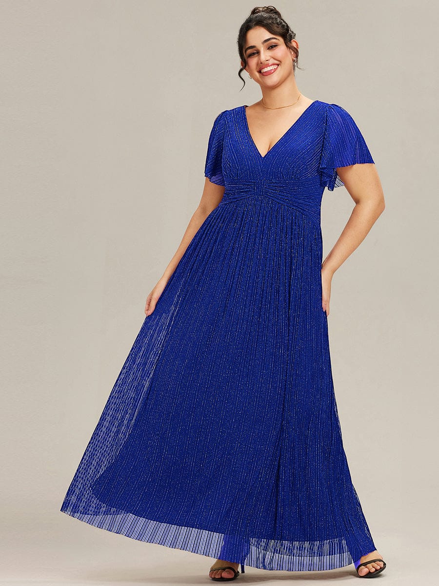 Plus Size V-Neck Glittery Short Sleeves Formal Evening Dress with Empire Waist