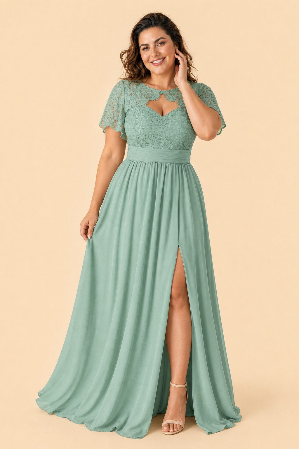 Plus Size Floral A-Line Bridesmaid Dress with Ruched Bodice and Elegant Side Slit