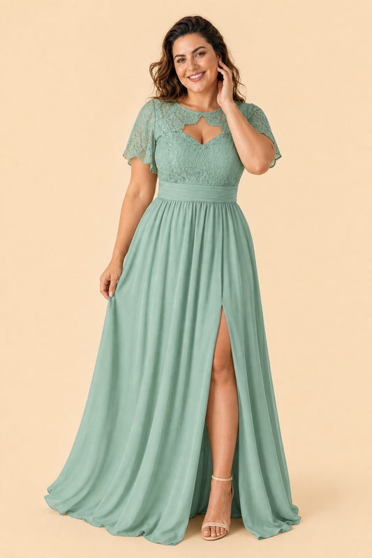Plus Size Floral A-Line Bridesmaid Dress with Ruched Bodice and Elegant Side Slit
