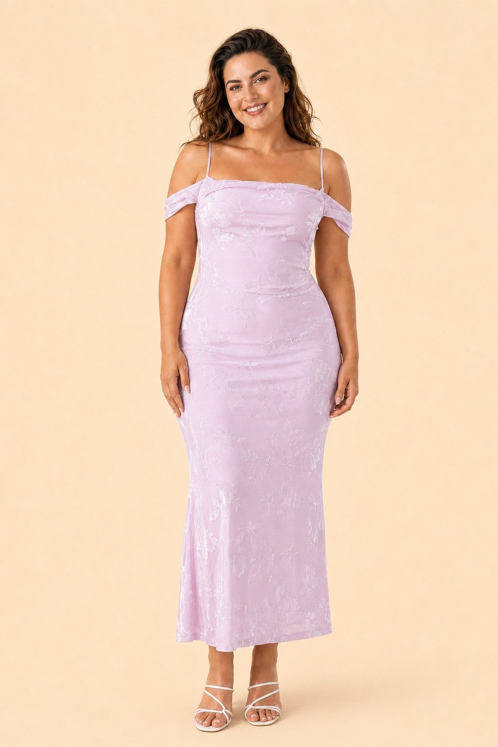 Plus Size Off Shoulder Burnout Floral Bridesmaid Dress with Lace-Up Back