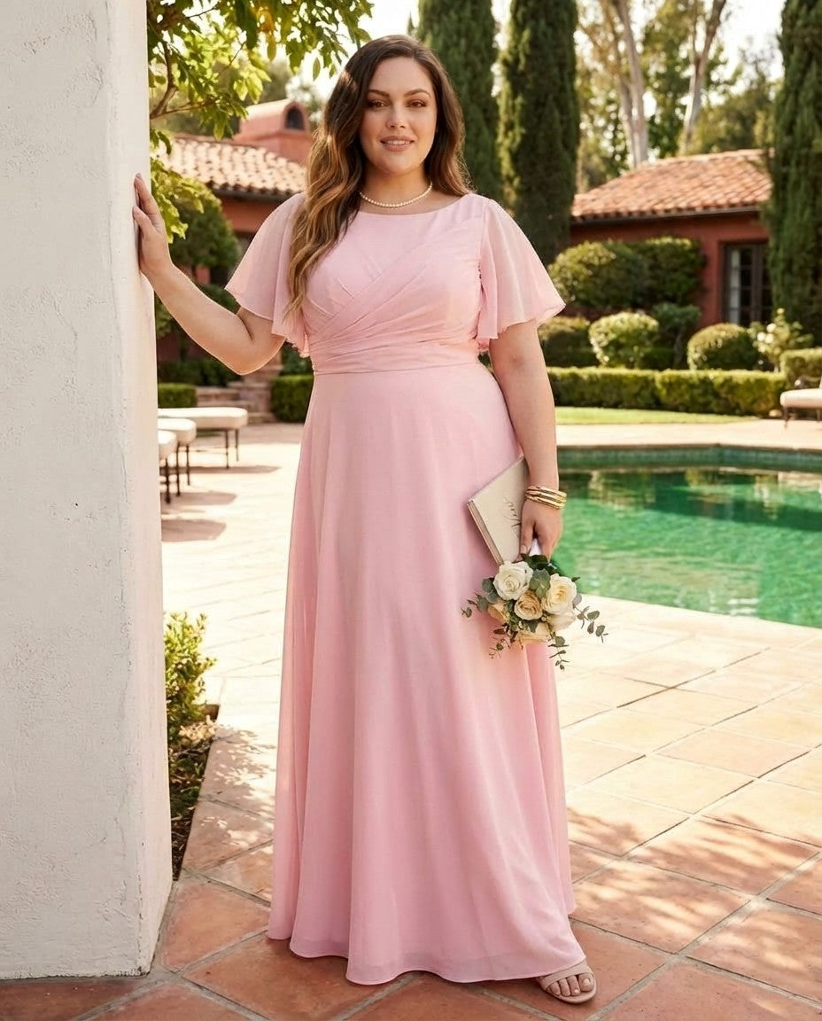 Avenleigh Plus Size Half Sleeve Pleated Chiffon A-Line Bridesmaid Dress for Wedding Party - N0338