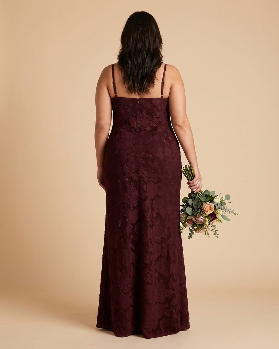 Silvarelle Chic Plus Size Sheath Bridesmaid Dress with Lace Overlay for Wedding Ceremony -N0355