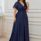 Plus Size V Neck Ribbon Waist Formal Evening Dress With Sleeves