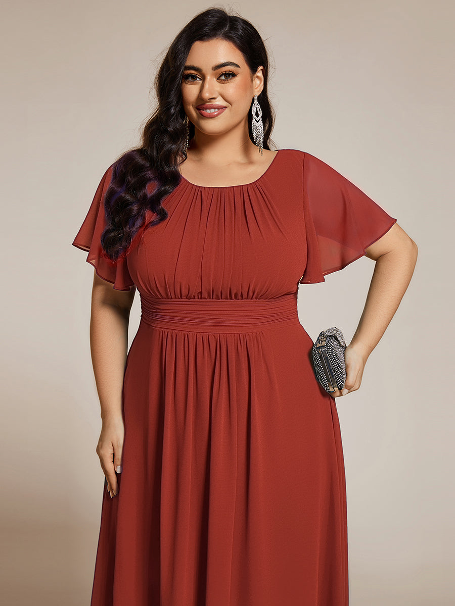 Plus Size Pleated Round Neckline A-Line Midi Chiffon Wedding Guest Dress