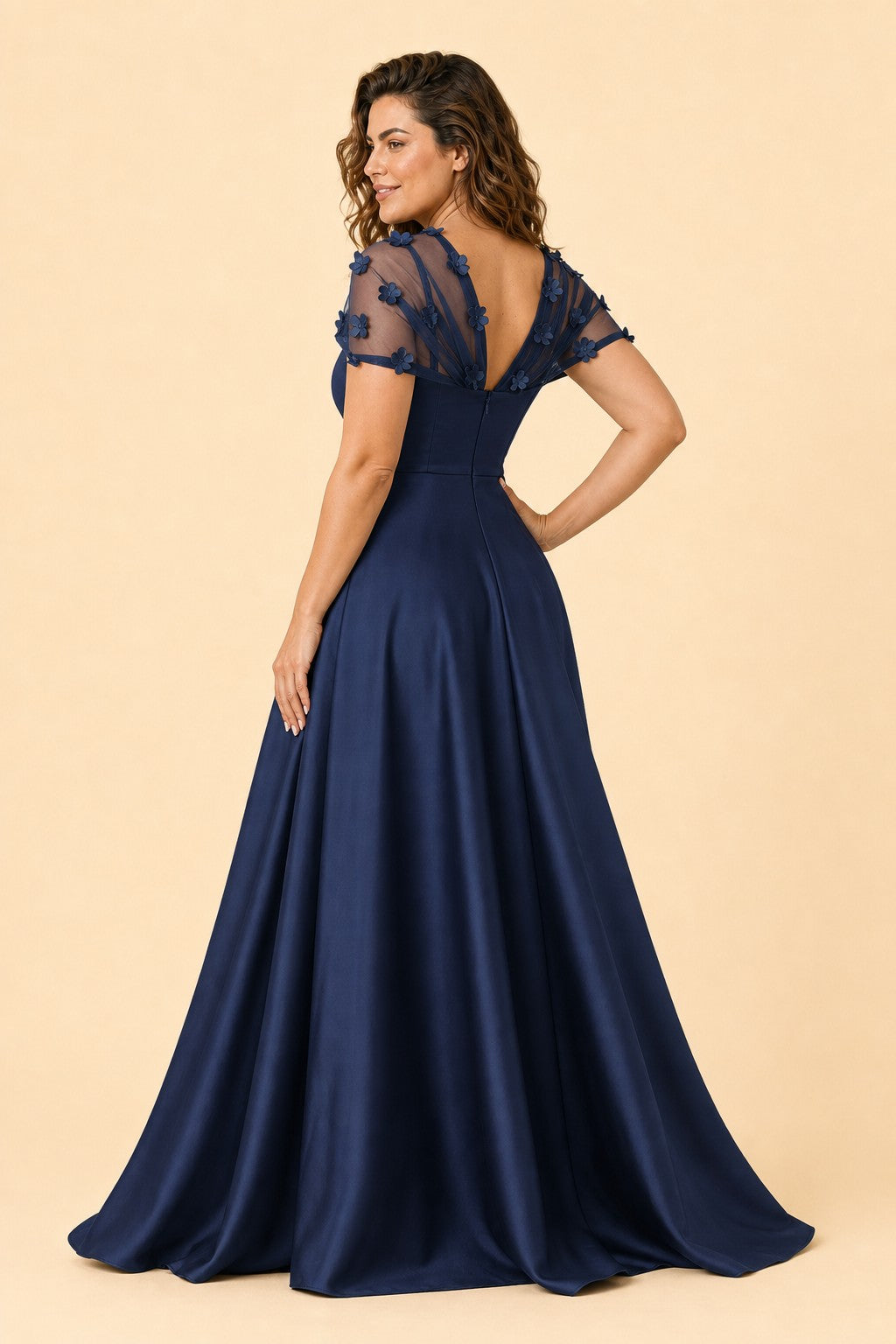 Plus Size Backless A-Line Formal Gown with Floral Appliqué and Satin Skirt