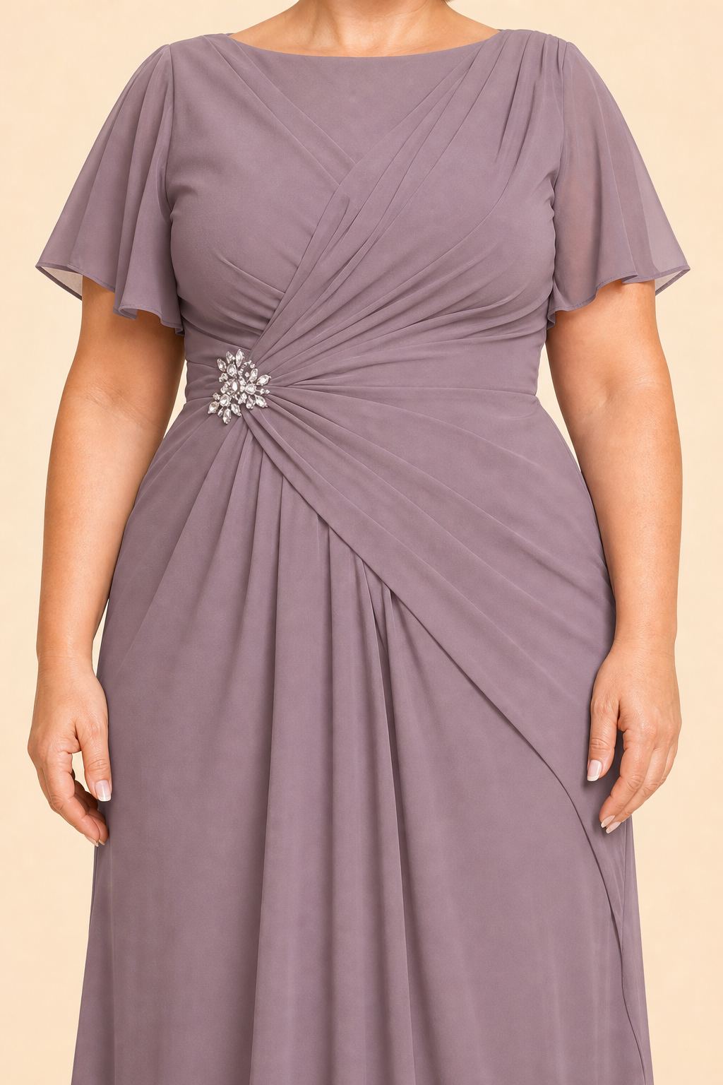 Plus Size A-Line Mother of the Bride Dress with Pleated Chiffon Flutter Sleeves