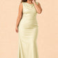 Floor Length Plus Size Bridesmaid Dress Pleated Detail Deep Cowl Back Stretch Satin