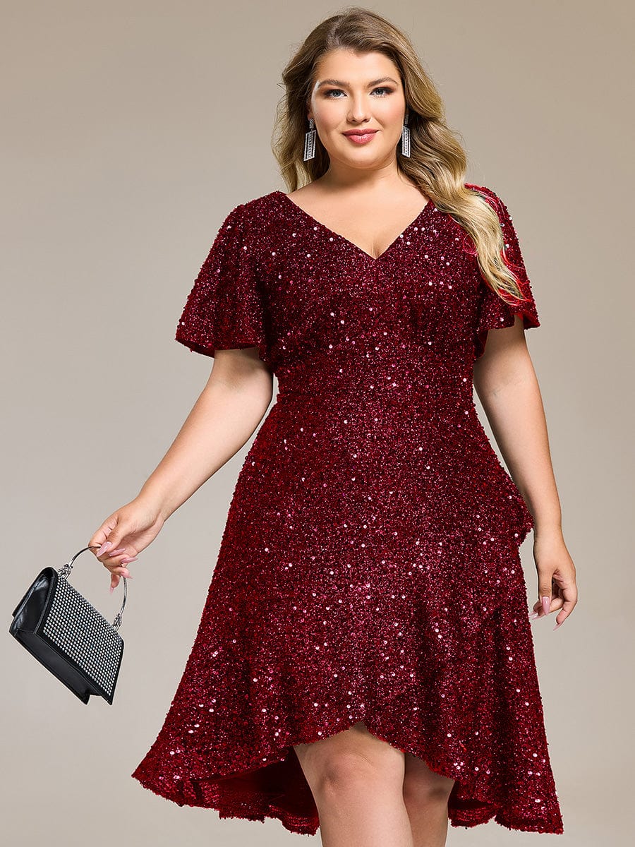 Plus Size Sequin Ruffle Sleeve Formal Dress