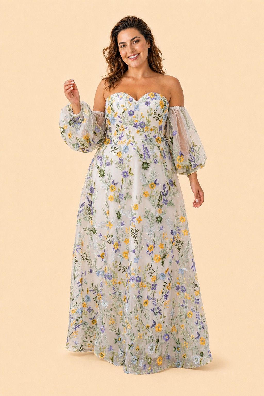 Plus Size A-Line Wedding Dress with Detachable Puff Sleeves and Embroidered Mesh