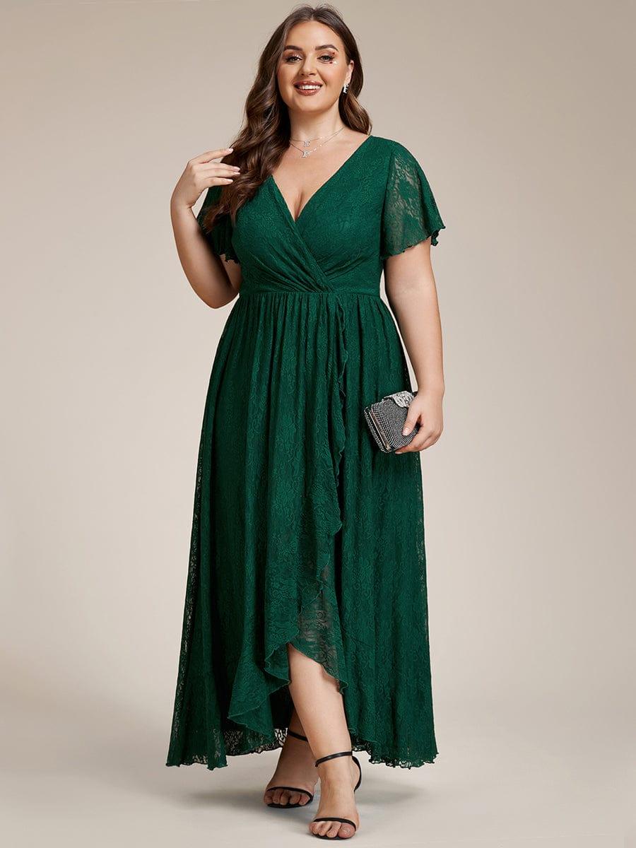 Plus Size Short Sleeve Ruffled V-Neck A-Line Lace Wedding Guest Dress