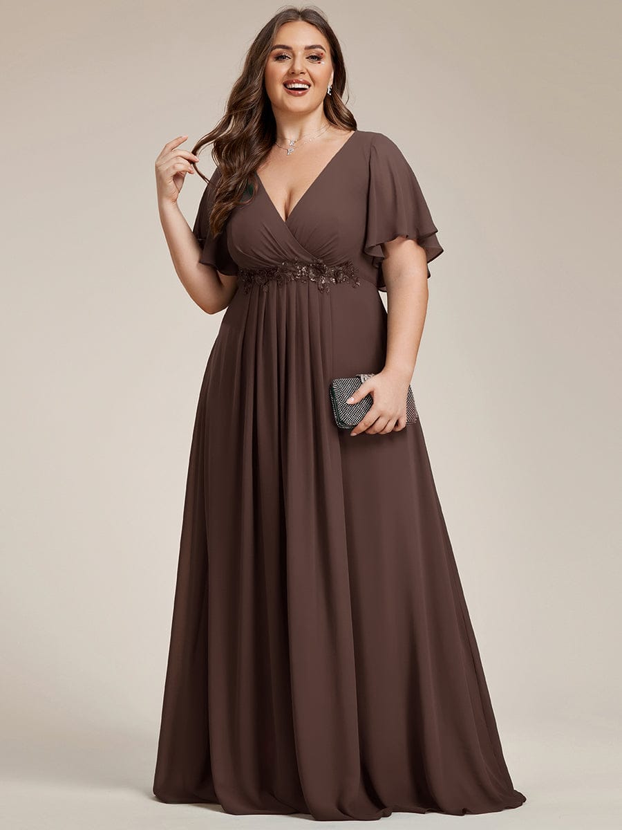 Plus Size Floral Applique Short Sleeve A-Line Chiffon Formal Evening Dress