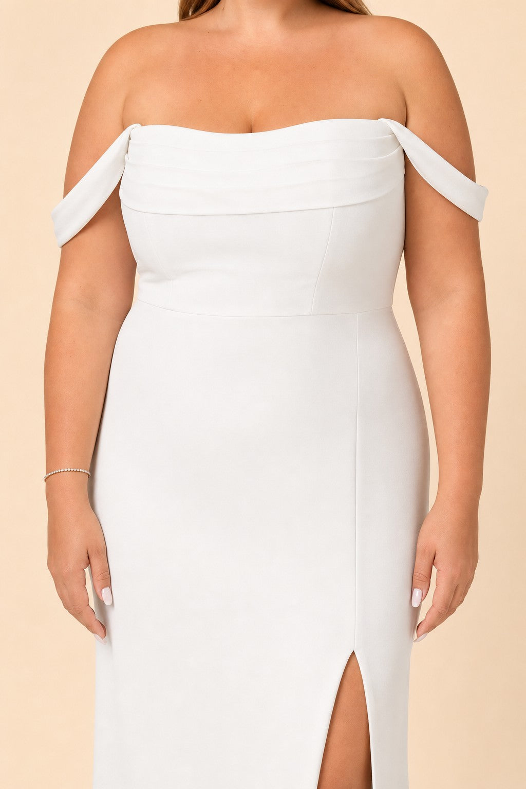 Plus Size Off Shoulder Chiffon Bridesmaid Dress with Pleated Details and Elegant Leg Slit