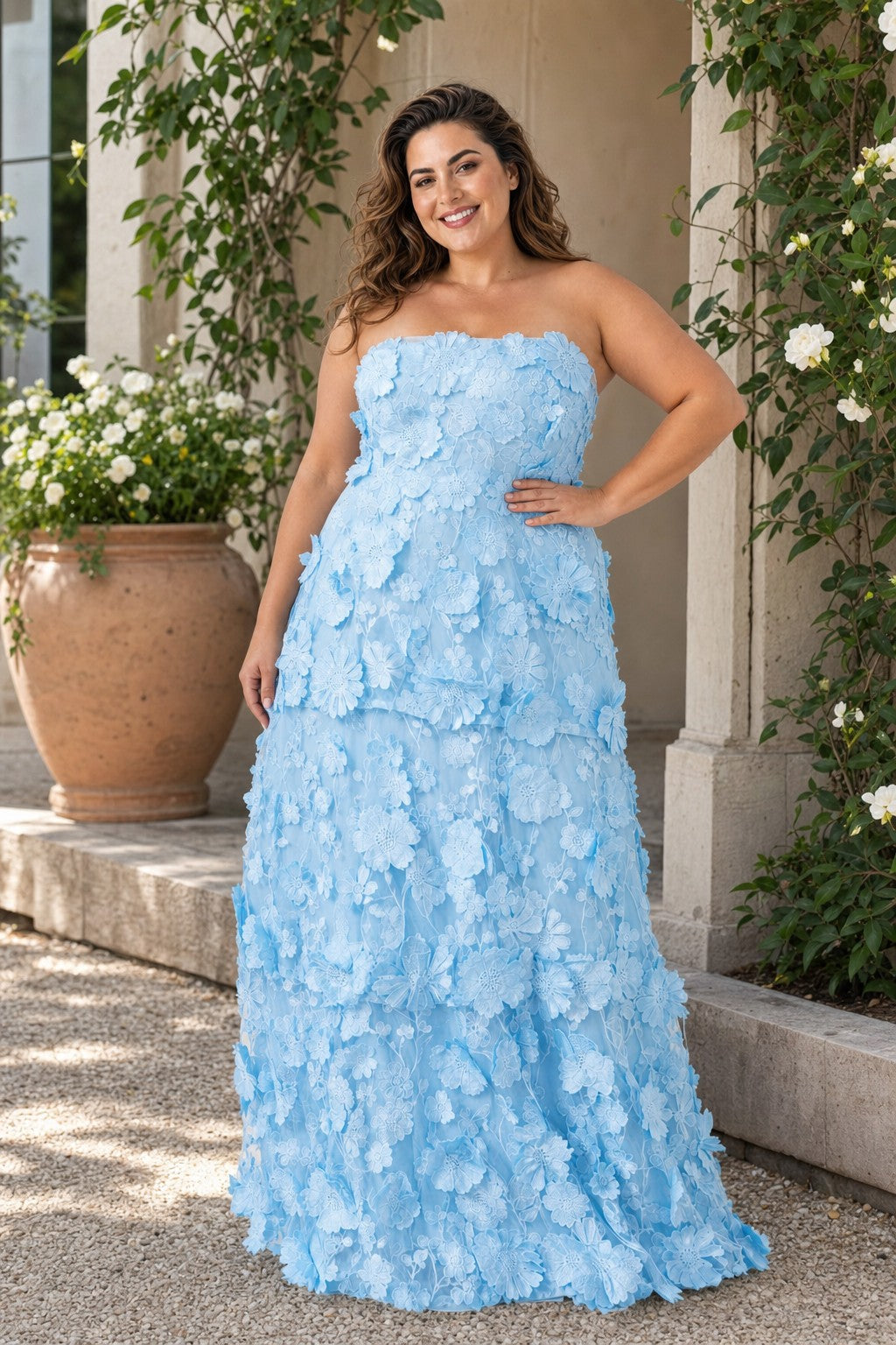 Romantic Lace Up Back Bridesmaid Gown Featuring 3D Floral Appliqué Tiered Flowy Skirt