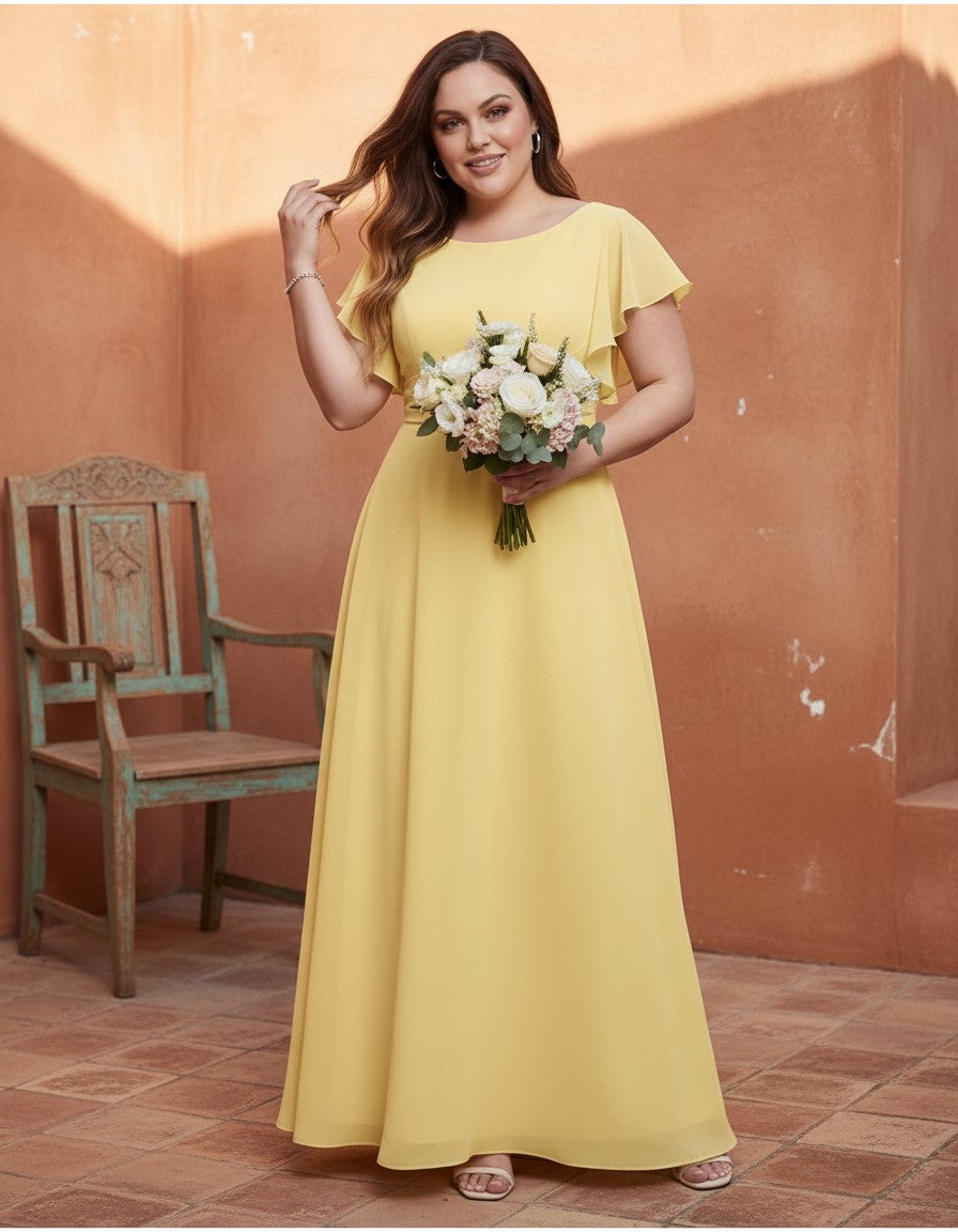 Avenleigh Graceful Modest Half Sleeve Pleated Plus Size Chiffon A-Line Bridesmaid Dress - N0342