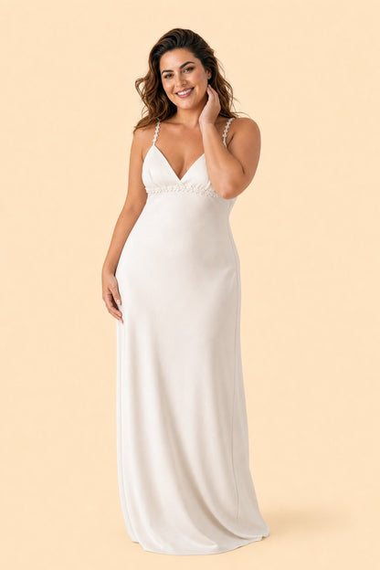 Romantic Ivory Slip Wedding Gown Pleated V Neck Lace Trim Open Back Design