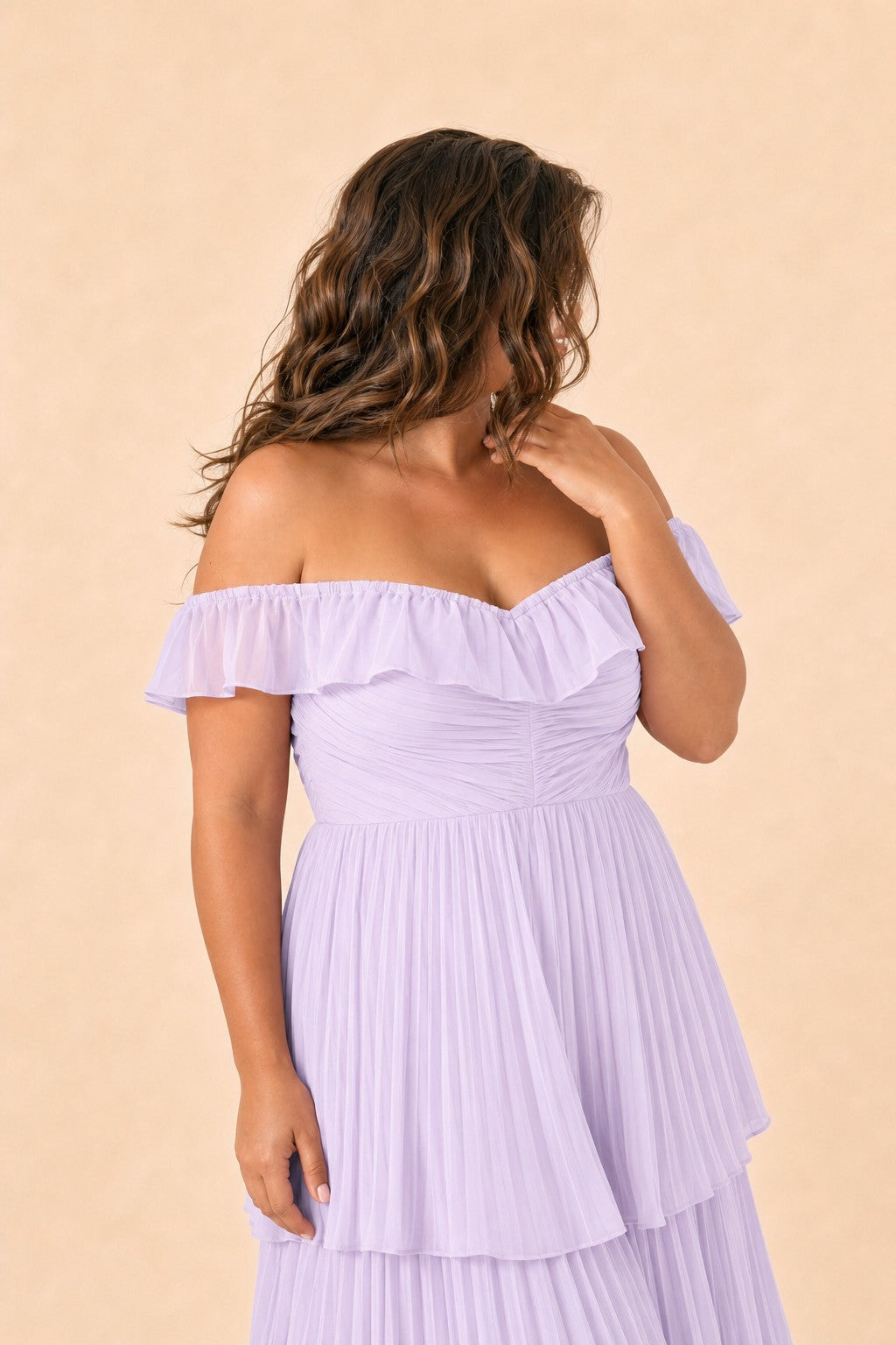Elegant A Line Maxi Bridesmaid Dress Pleated Tiered Off Shoulder Design