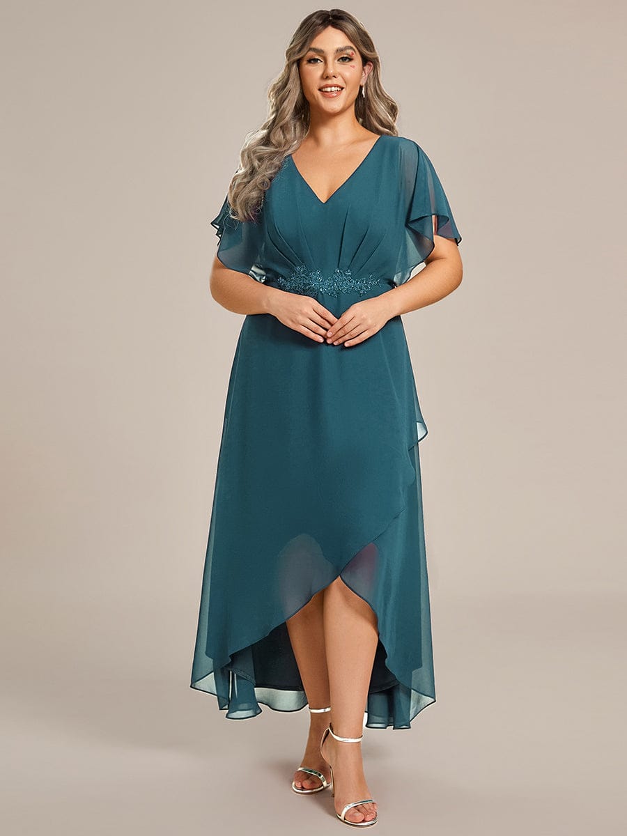 Plus Size V-Neck Chiffon Bat-Wing Sleeve A-Line Waist Applique Formal Dress