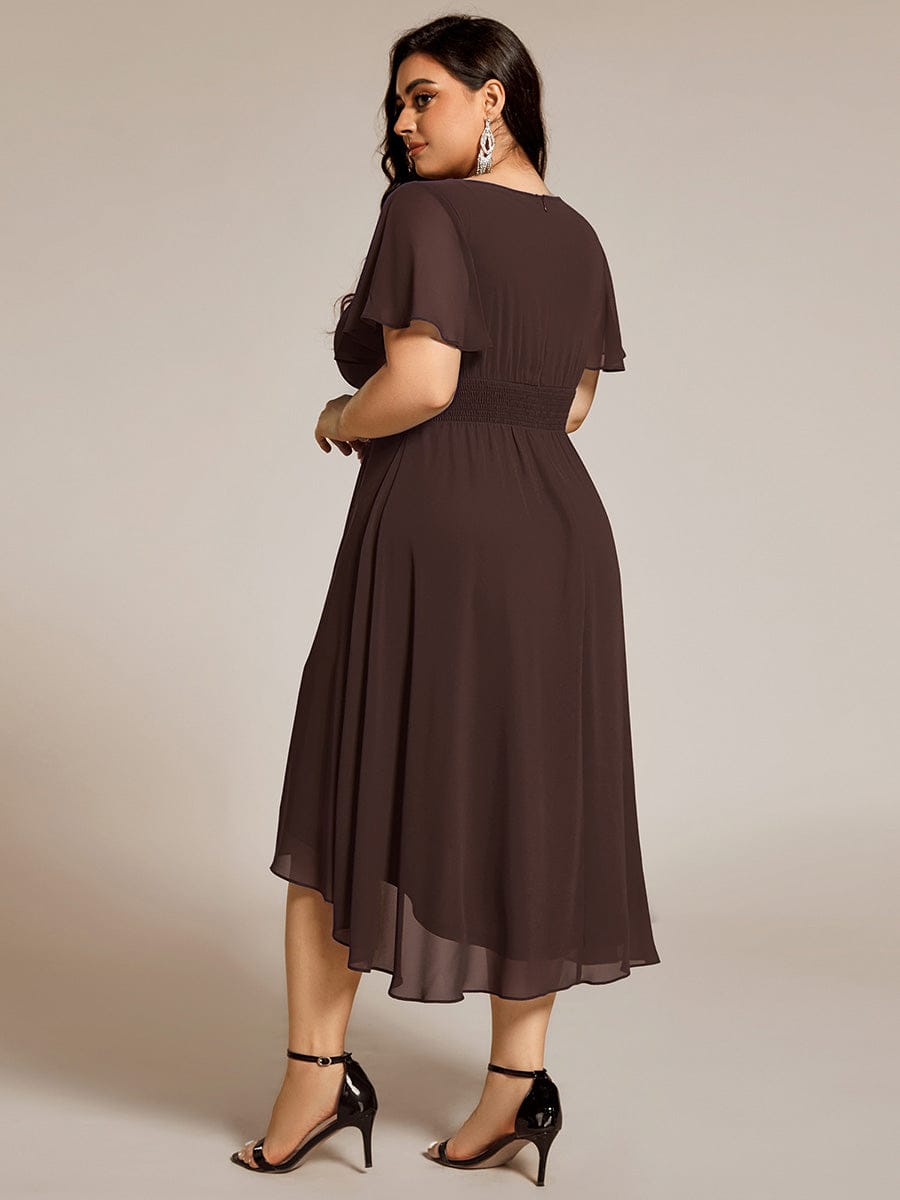 Plus Size Pleated Round Neckline A-Line Midi Chiffon Wedding Guest Dress
