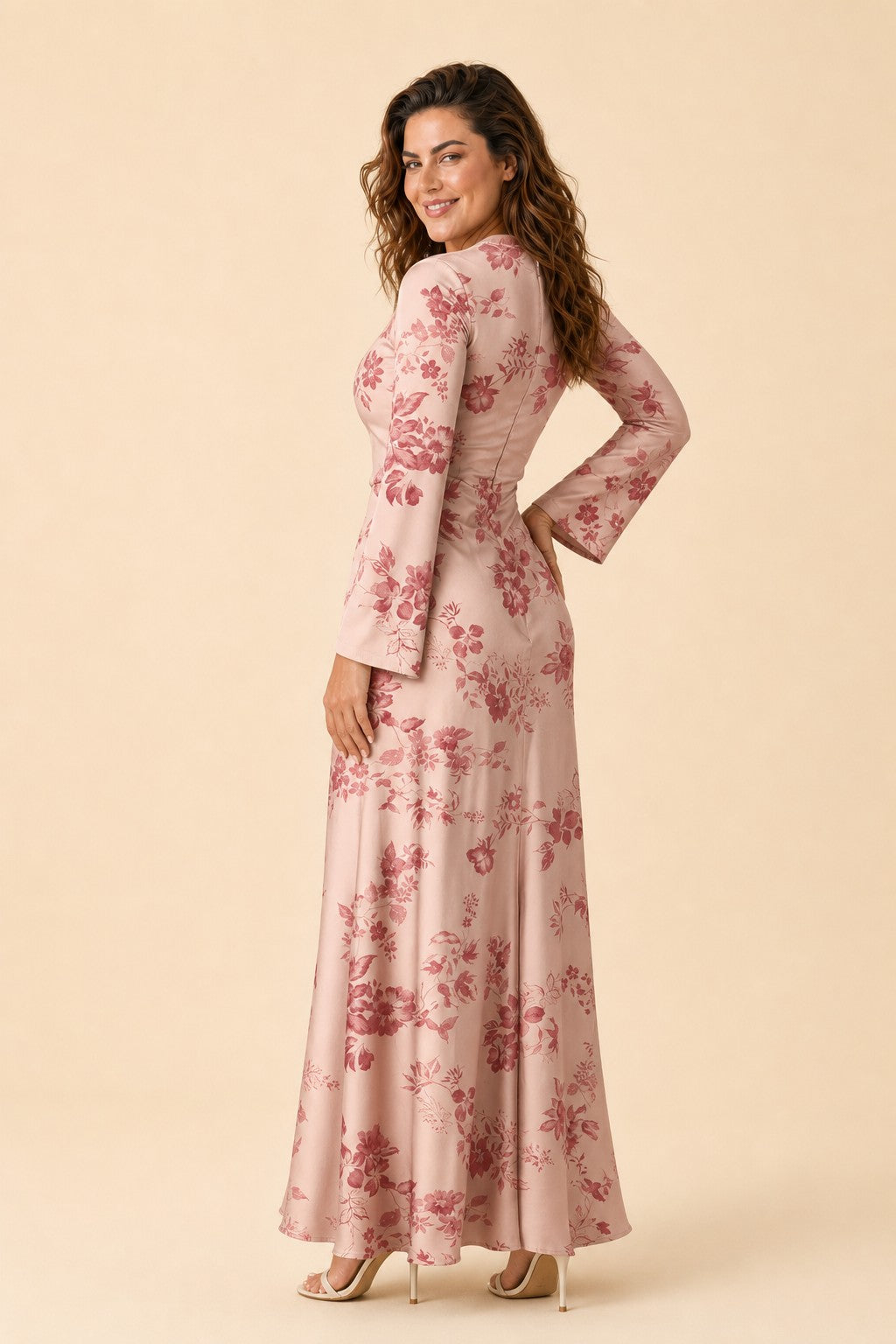 Floral Satin Charmeuse Plus Size Bridesmaid Dress with Elegant Peony Print Bridesmaid Gown Style