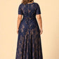 Floral Embroidered A-Line Mother Dress with Lace Detail and Short Sleeves