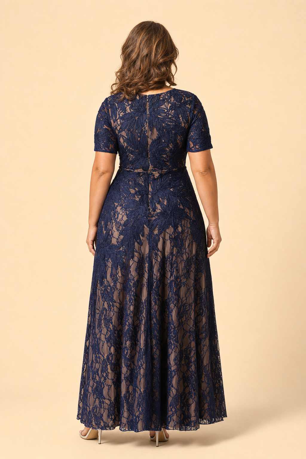Floral Embroidered A-Line Mother Dress with Lace Detail and Short Sleeves
