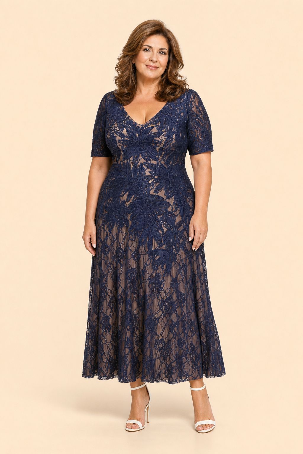 Floral Embroidered A-Line Mother Dress with Lace Detail and Short Sleeves