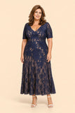 Floral Embroidered A-Line Mother Dress with Lace Detail and Short Sleeves