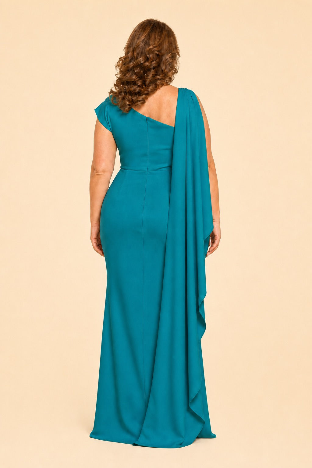 Plus Size Mother of the Bride Dress with Asymmetrical Cape and Embroidery