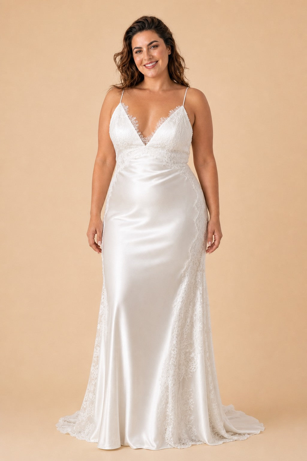 Plus Size V-Neck Wedding Dress with Delicate Lace Applique and Stunning Backless Bridal Gown