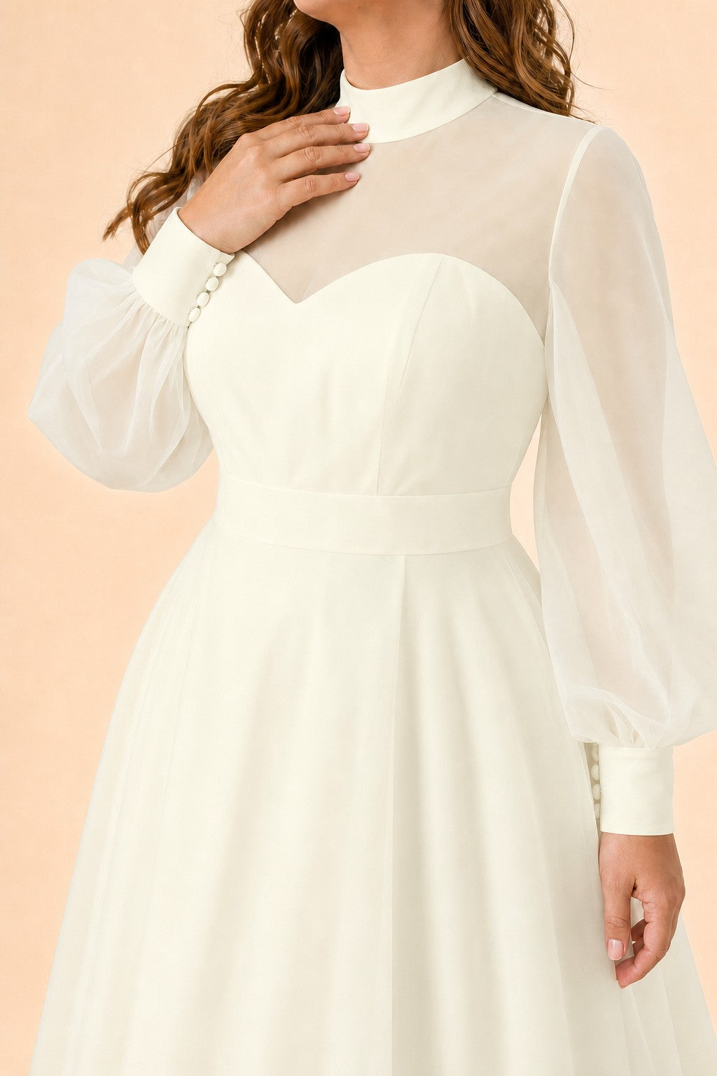 Minimalist Plus Size Wedding Gown with Sheer Long Sleeves