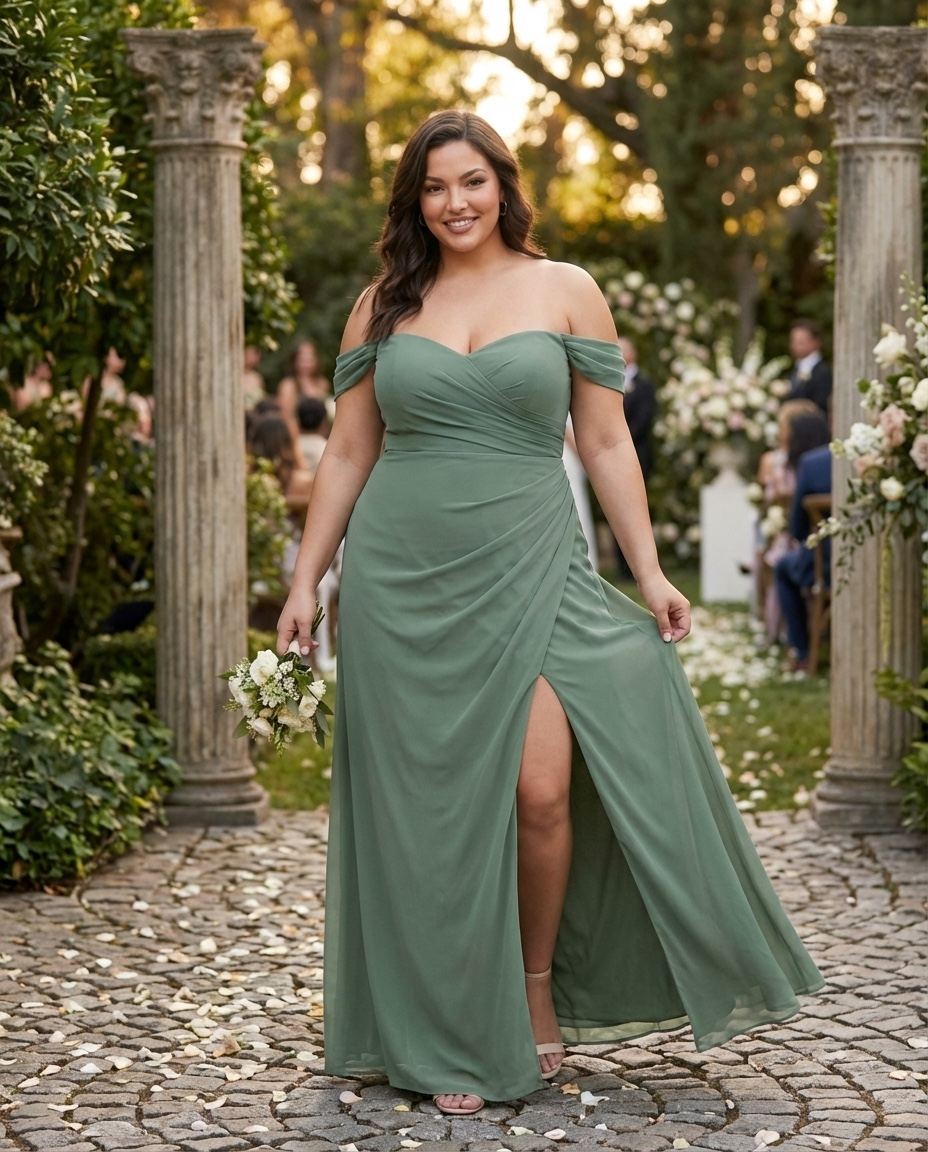 Elanthia Convertible Off-the-Shoulder Mesh Plus Size Bridesmaid Dress for Weddings - N0344