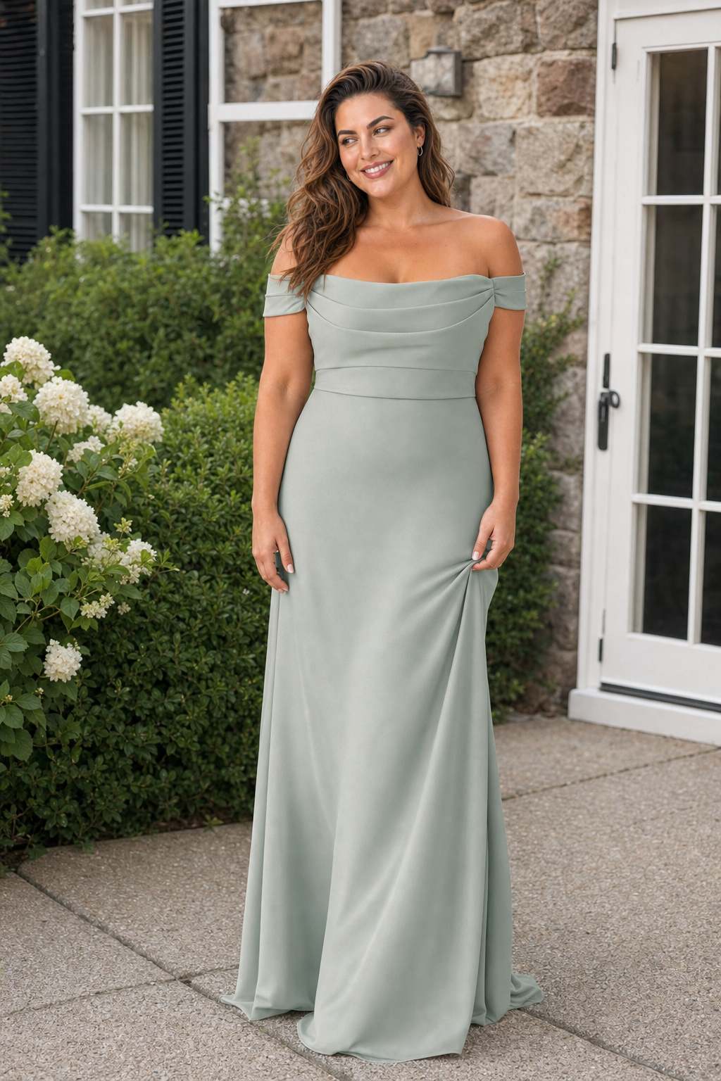 Plus Size Off Shoulder Ruched Bridesmaid Dress with Statement Back Bow