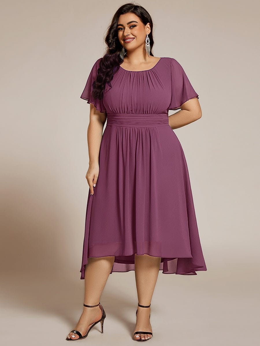 Plus Size Pleated Round Neckline A-Line Midi Chiffon Wedding Guest Dress