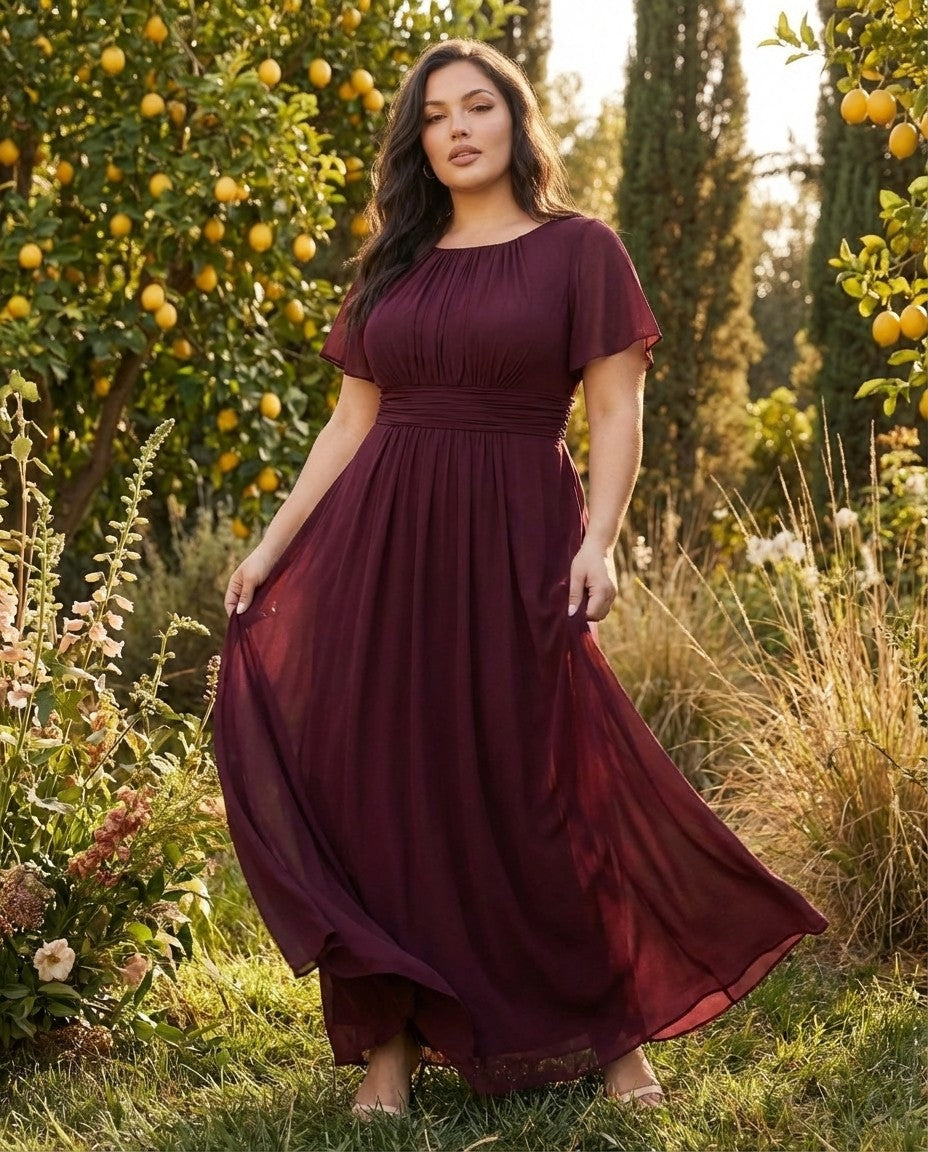 Petaline Plus Size Short Sleeve Chiffon Bridesmaid Dress N0322