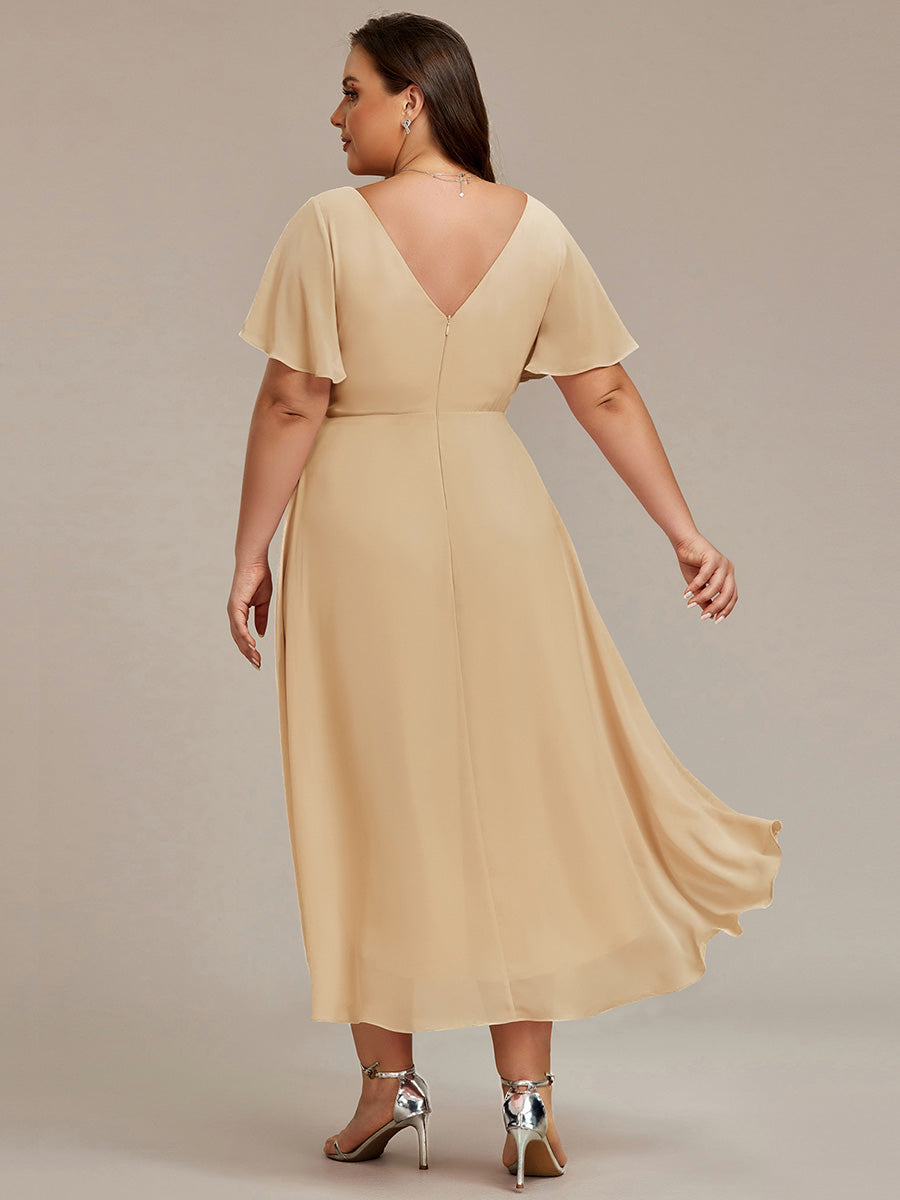 Plus Size Double V-Neck Ruffles Sleeve Chiffon Midi Wedding Guest Dress