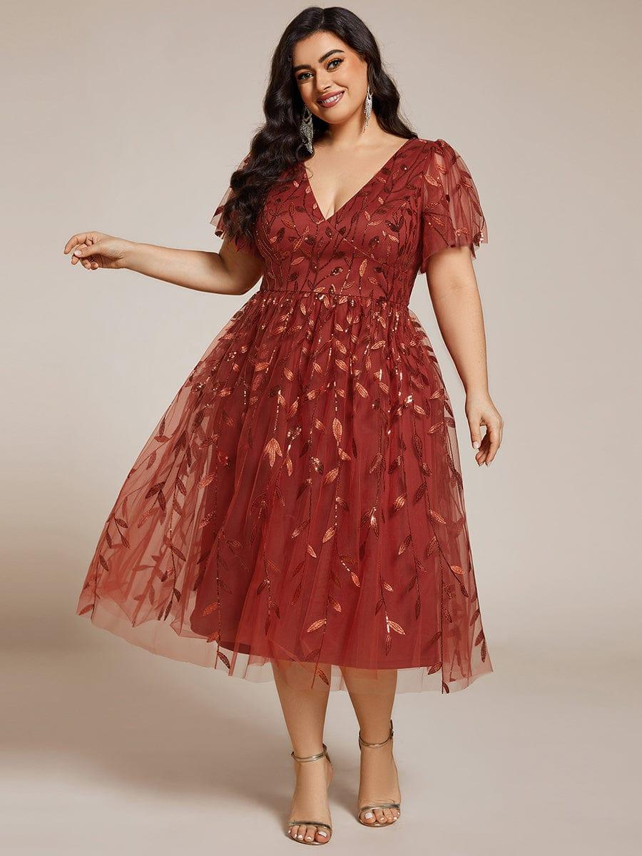Plus Size Sparkly A-Line Midi Tulle Formal Wedding Guest Dress with Leaf Sequin