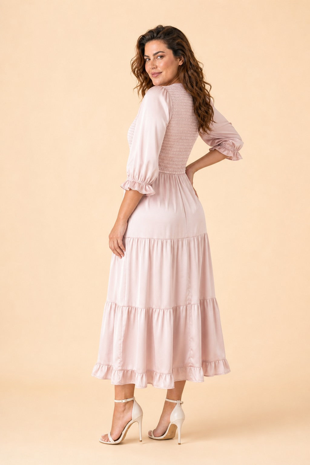 Romantic Plus Size Satin Bridesmaid Dress with Ruffles and Hidden Pockets