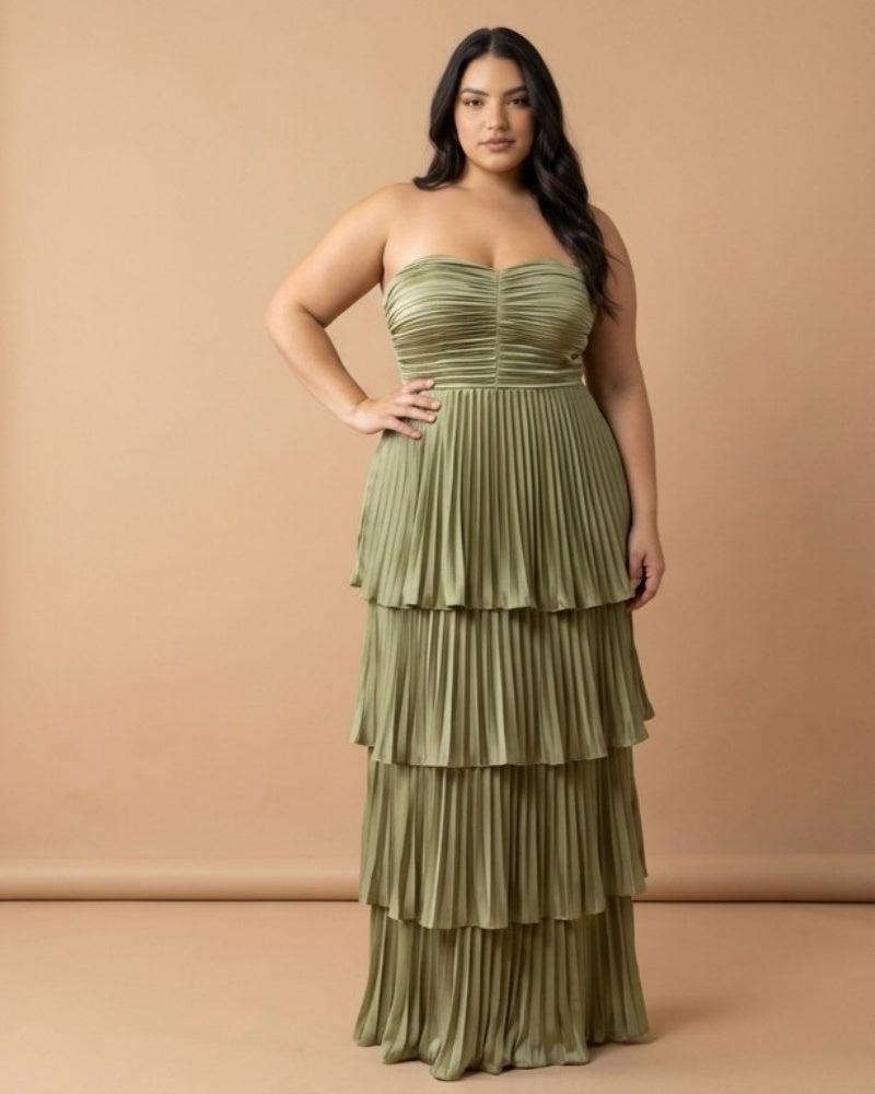 Chantarae Luxury Satin Strapless A-Line Plus Size Bridesmaid Dress with Ruffle -N0377