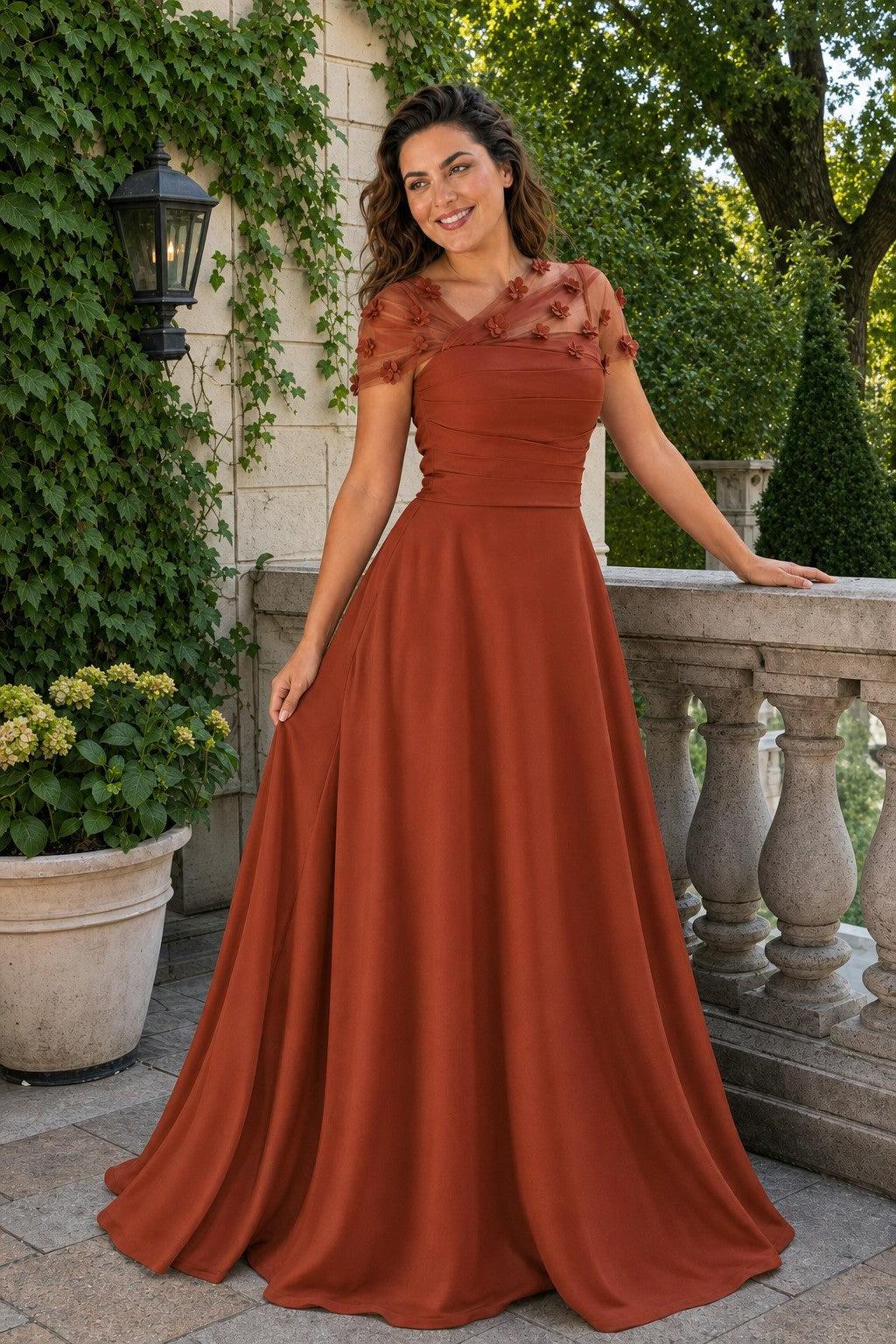 Plus Size Backless A-Line Formal Gown with Floral Appliqué and Satin Skirt